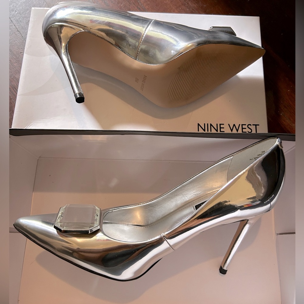 Silver mirror metallic pumps; stiletto heel Nine West Faras pointy pumps.